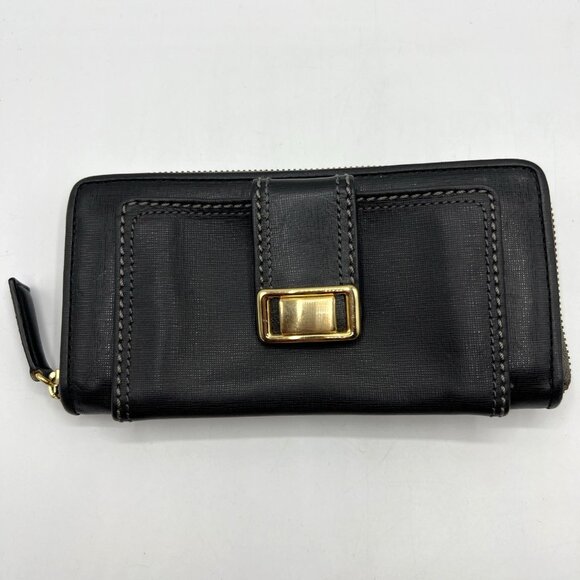 Brighton Black Leather Wallet Goldtone Trim Zip Around - Picture 1 of 7